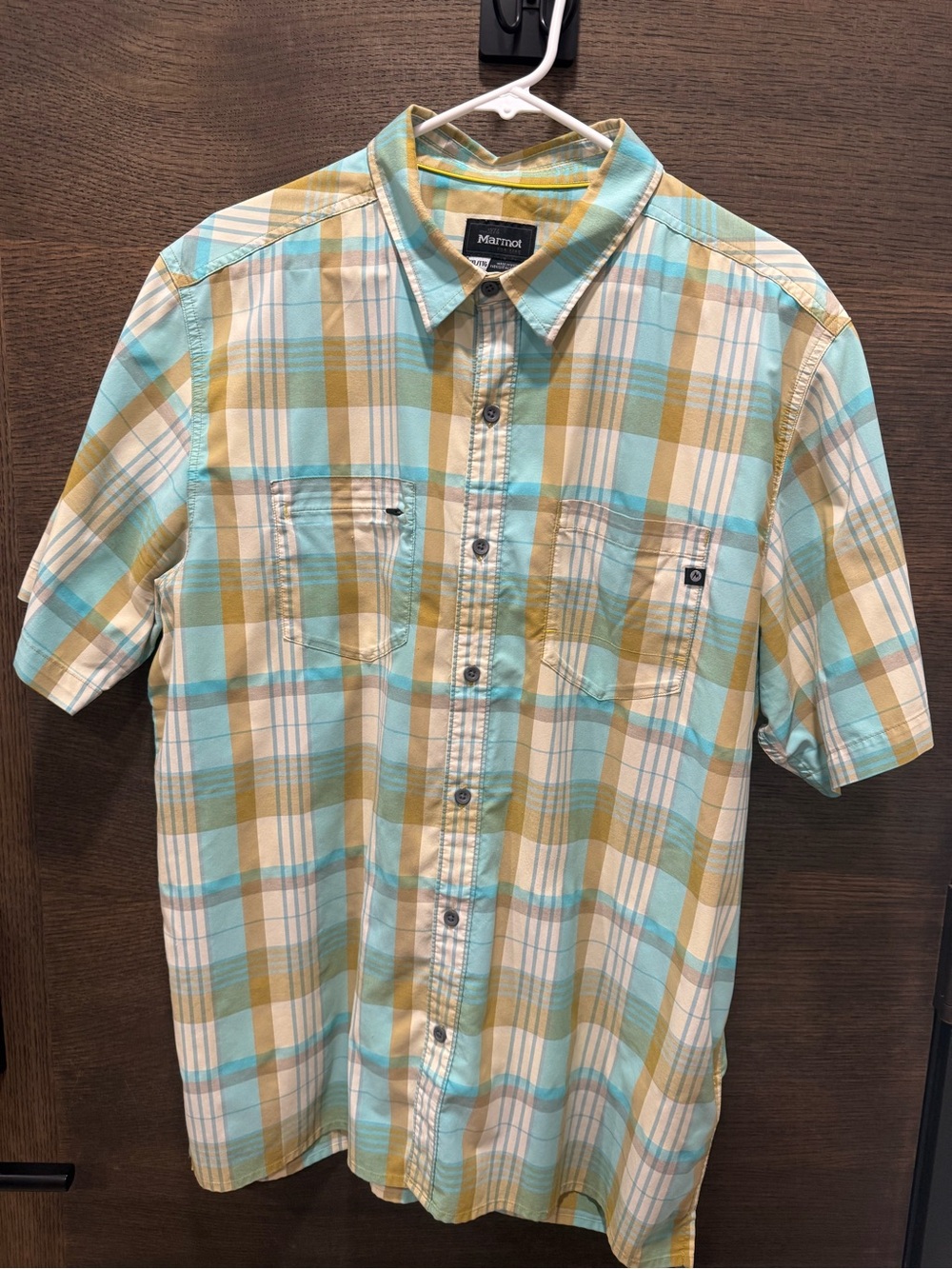 Marmot Short-Sleeve Plaid Button-Up in Teal and Mustard